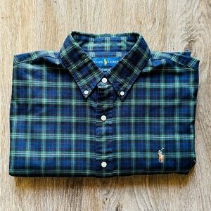 Ralph Lauren Men's Navy and Green Checkered Shirt
